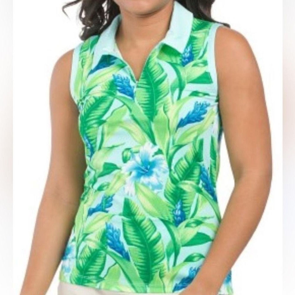 TOMMY BAHAMA FREEPORT Green Blue Tropical Sleeveless Golf Polo, Size S